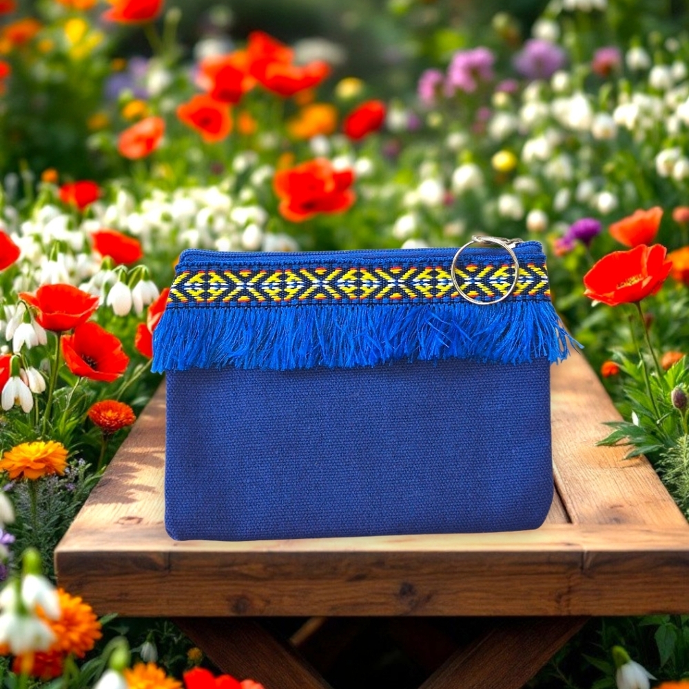 Embroidered Fringe Zippered Clutch with Key Ring - Blue